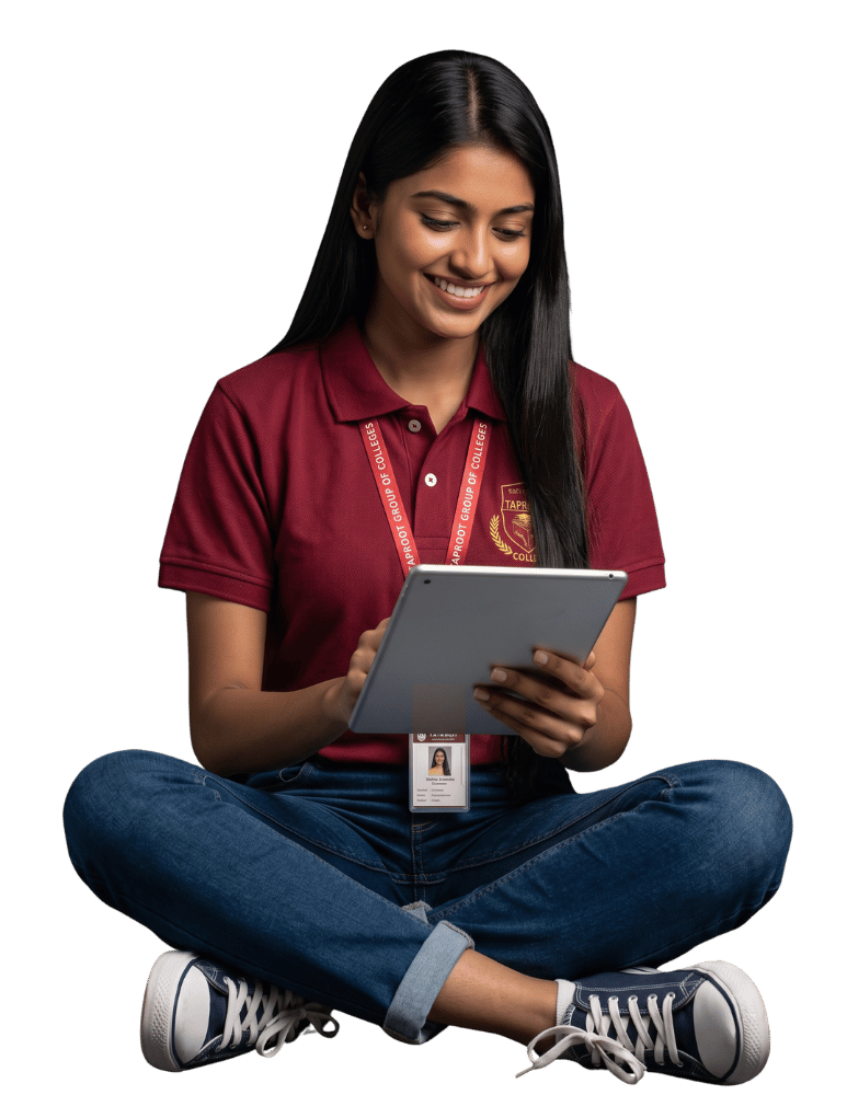 Smiling MIPU student with a tablet